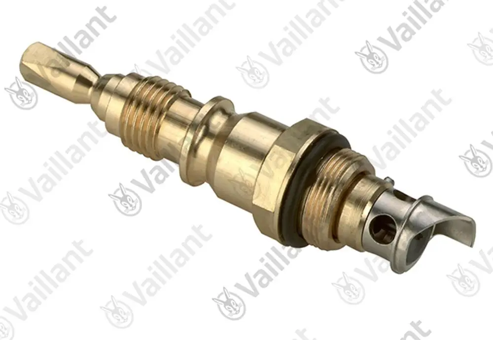 Vaillant Spindel-Temperaturwähler, metallisch, mit Gewinde und einem Öffnungsmechanismus, dargestellt in seitlicher Ansicht.